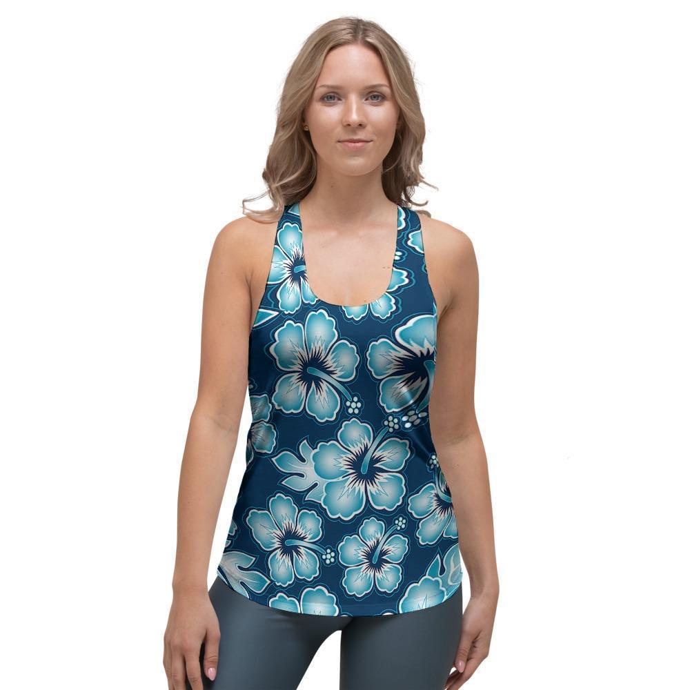 Blue Hibiscus Hawaiian Print Women's Racerback Tank Top-grizzshop