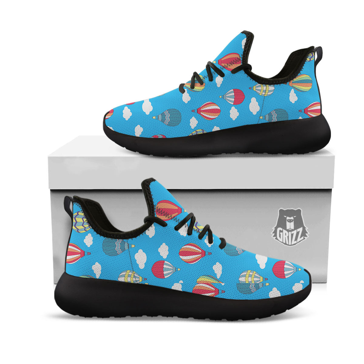 Blue Hot Air Balloon Print Pattern Black Athletic Shoes-grizzshop