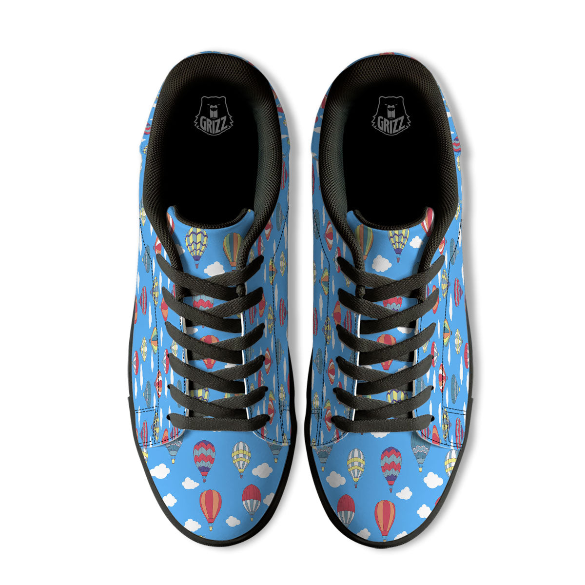 Blue Hot Air Balloon Print Pattern Black Low Top Sneakers-grizzshop