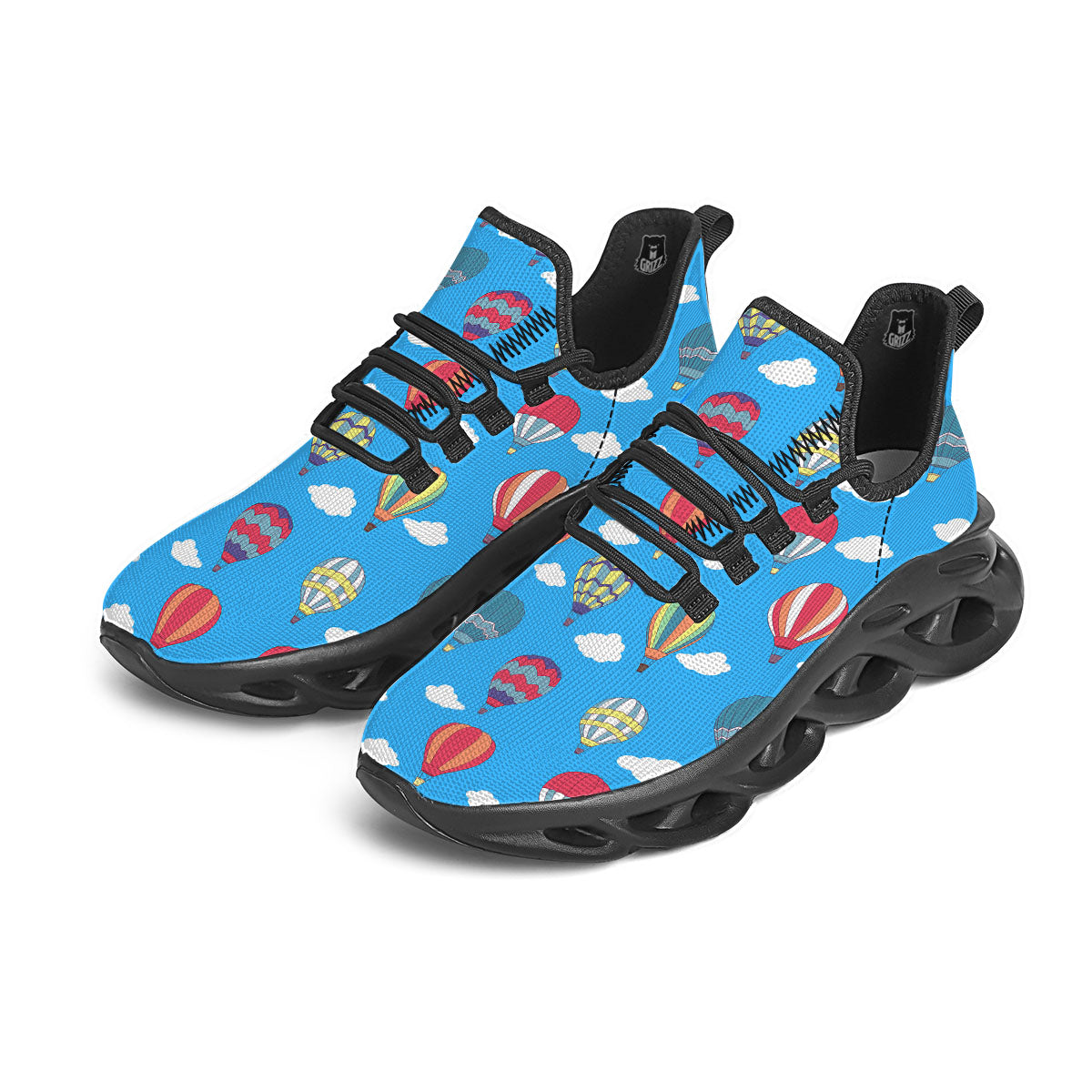 Blue Hot Air Balloon Print Pattern Black Running Shoes-grizzshop