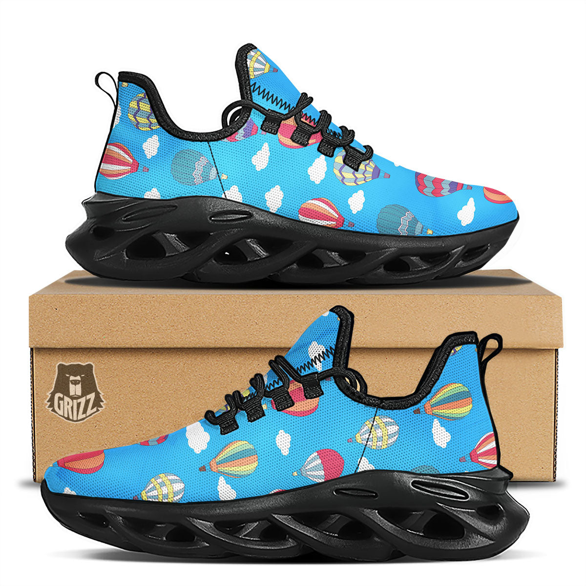 Blue Hot Air Balloon Print Pattern Black Running Shoes-grizzshop