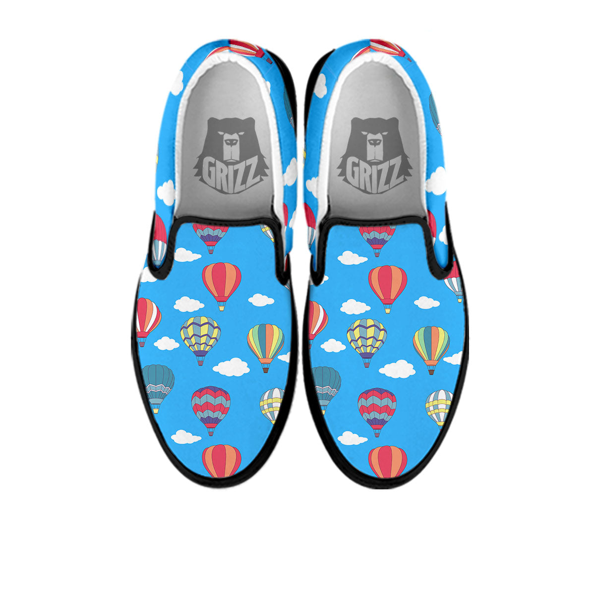 Blue Hot Air Balloon Print Pattern Black Slip On Shoes-grizzshop