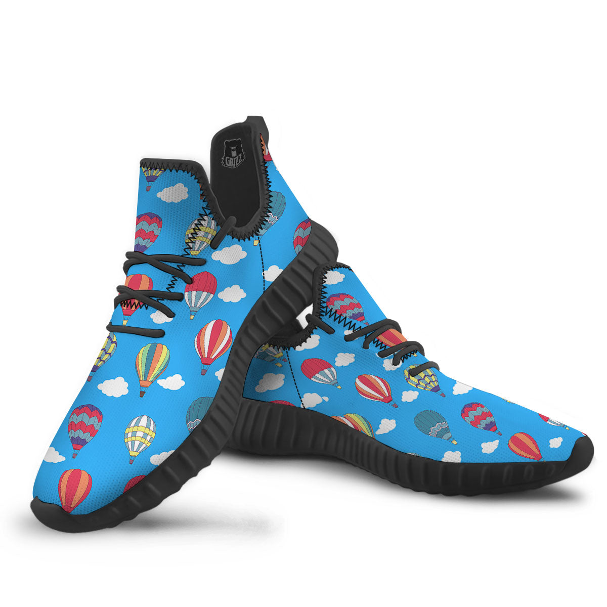 Blue Hot Air Balloon Print Pattern Black Walking Shoes-grizzshop