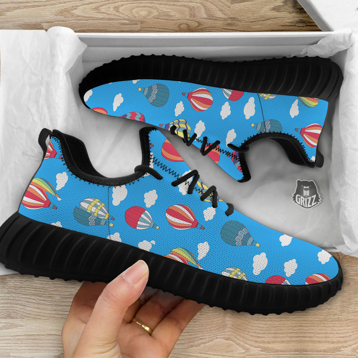 Blue Hot Air Balloon Print Pattern Black Walking Shoes-grizzshop