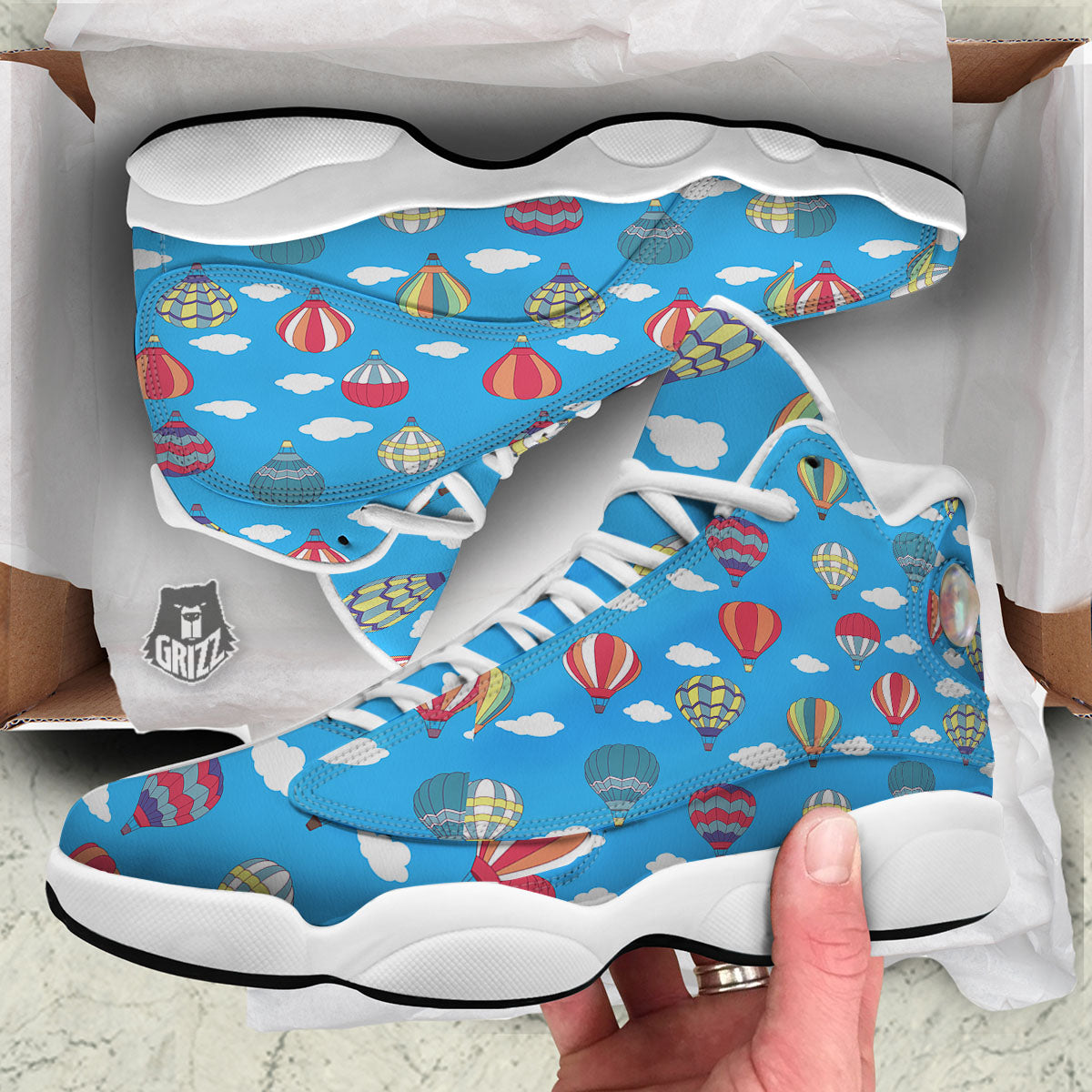 Blue Hot Air Balloon Print Pattern White Basketball Shoes-grizzshop