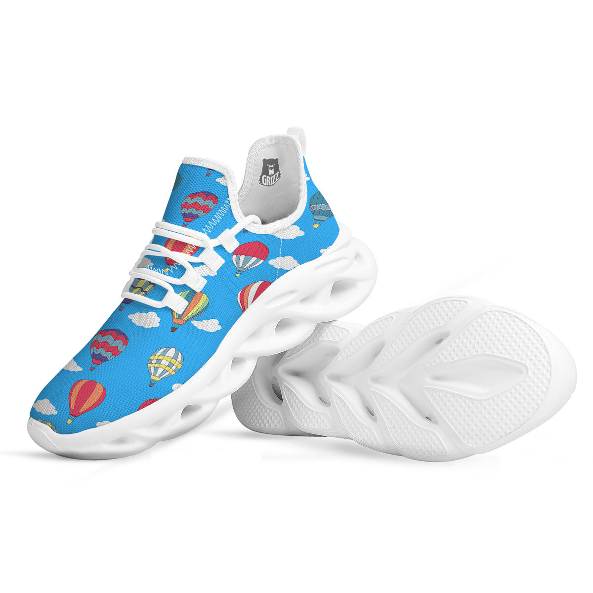 Blue Hot Air Balloon Print Pattern White Running Shoes-grizzshop