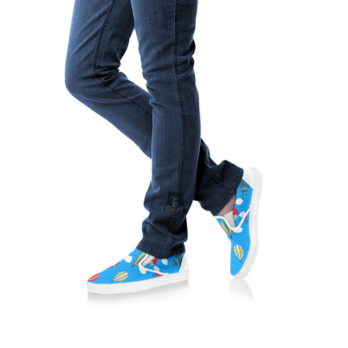 Blue Hot Air Balloon Print Pattern White Slip On Shoes-grizzshop