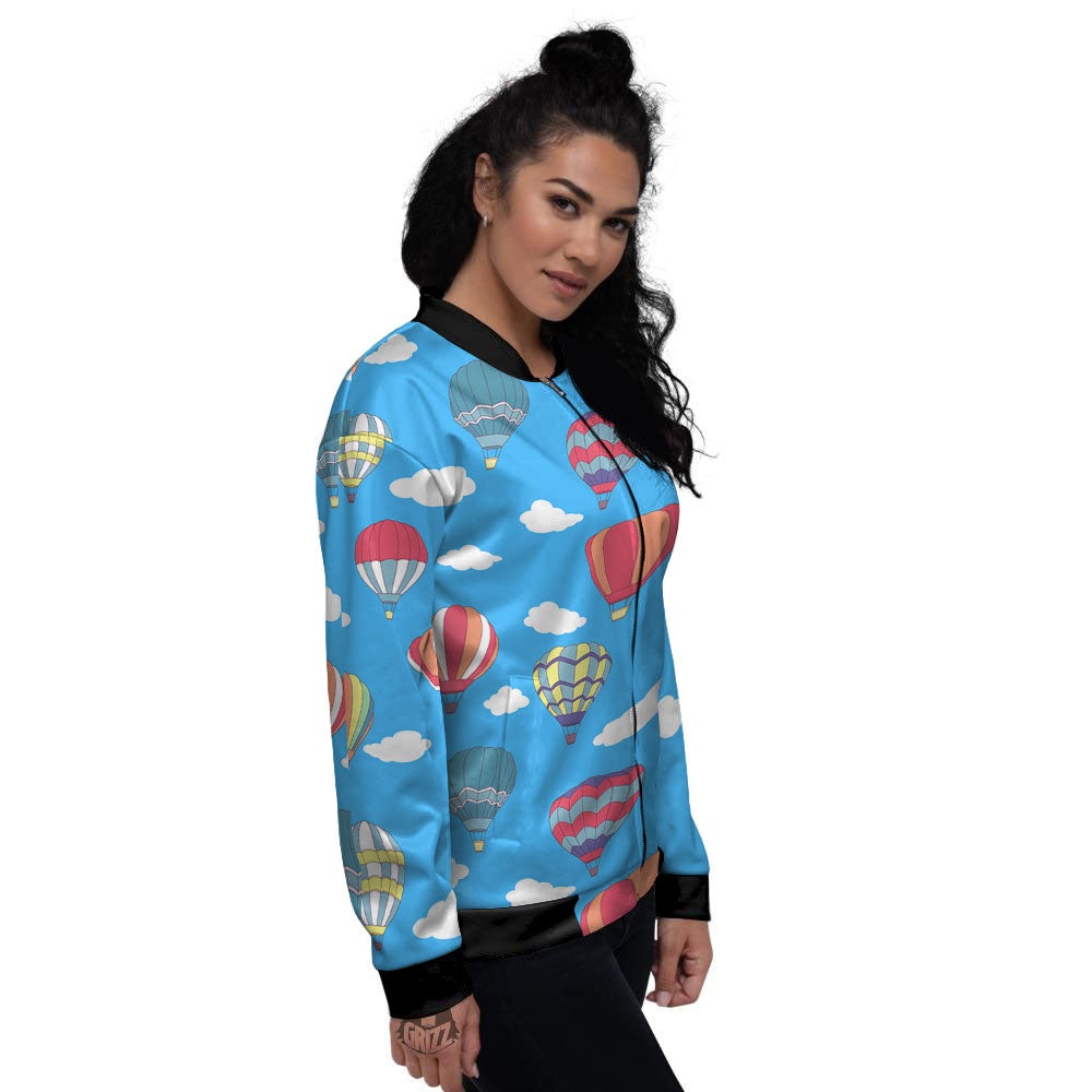 Blue Hot Air Balloon Print Pattern Women's Bomber Jacket-grizzshop
