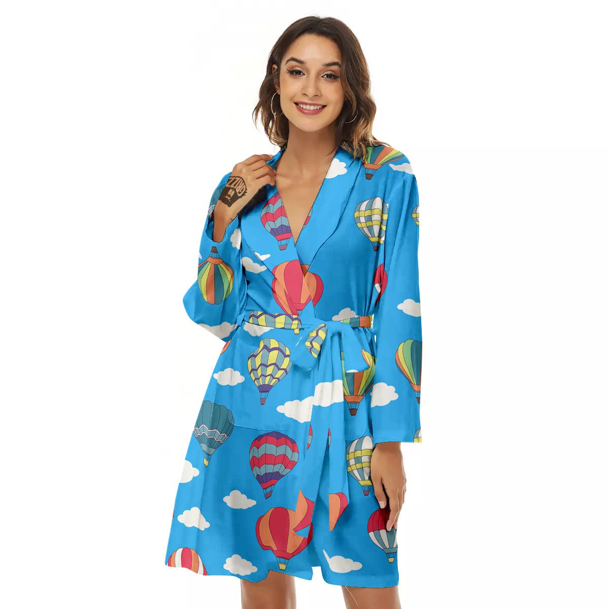 Blue Hot Air Balloon Print Pattern Women's Robe-grizzshop