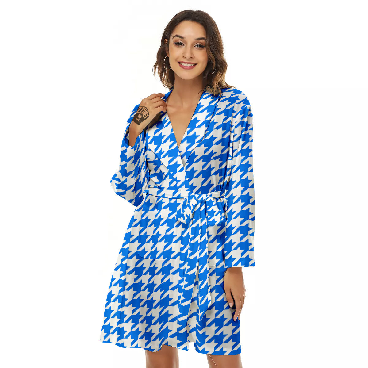 Blue Houndstooth Print Women's Robe-grizzshop