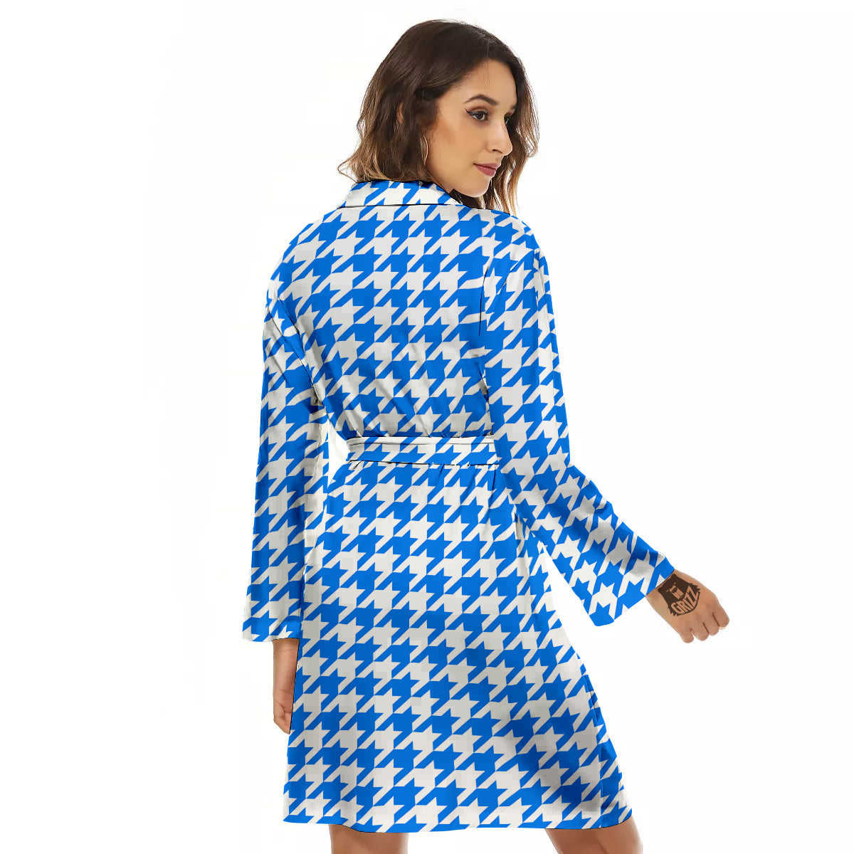Blue Houndstooth Print Women's Robe-grizzshop