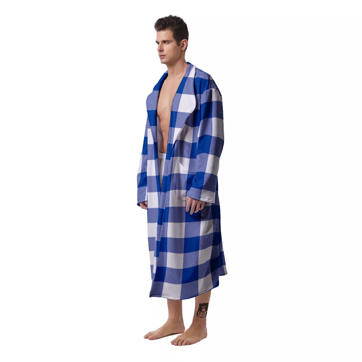 Blue Indigo And White Gingham Print Men's Robe-grizzshop