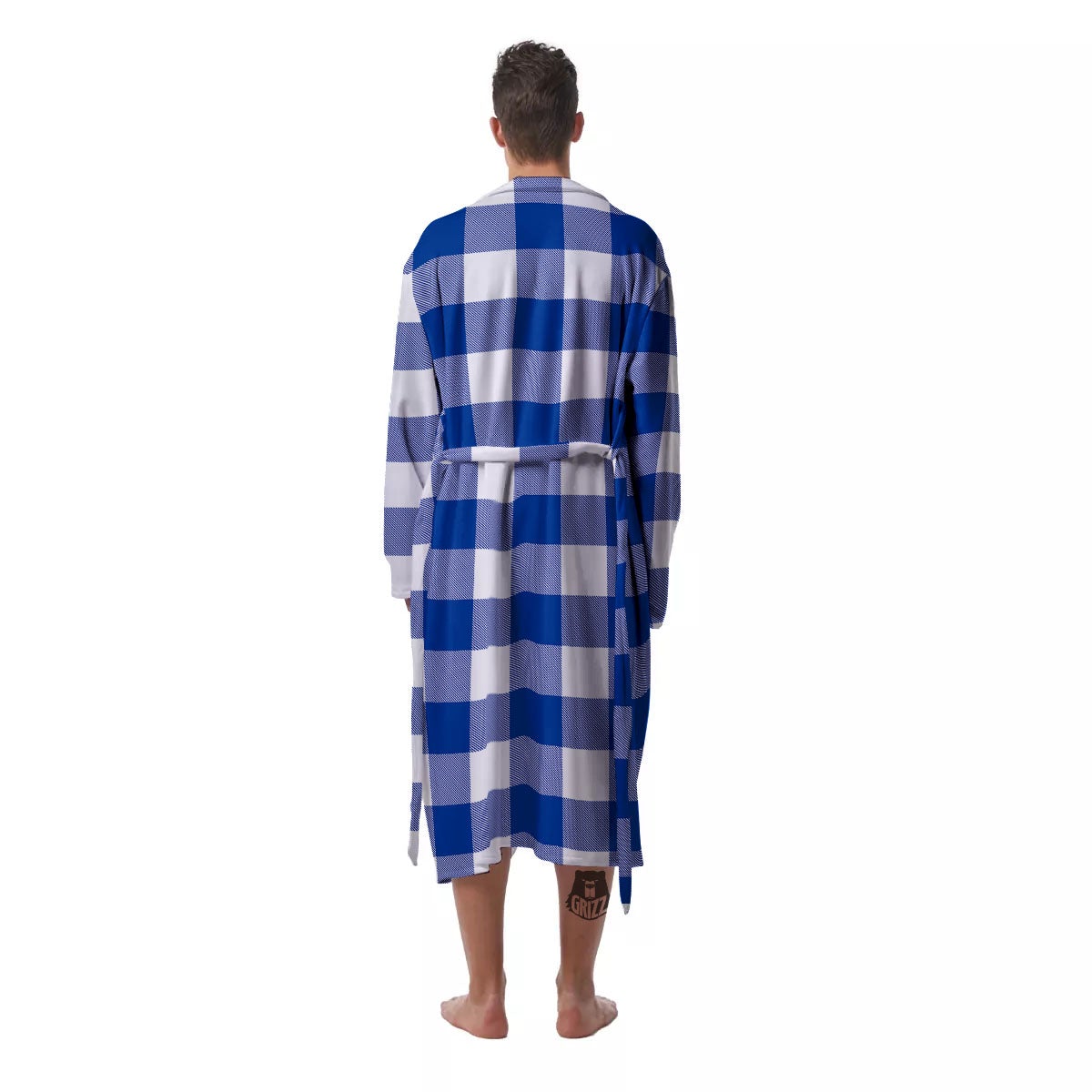 Blue Indigo And White Gingham Print Men's Robe-grizzshop
