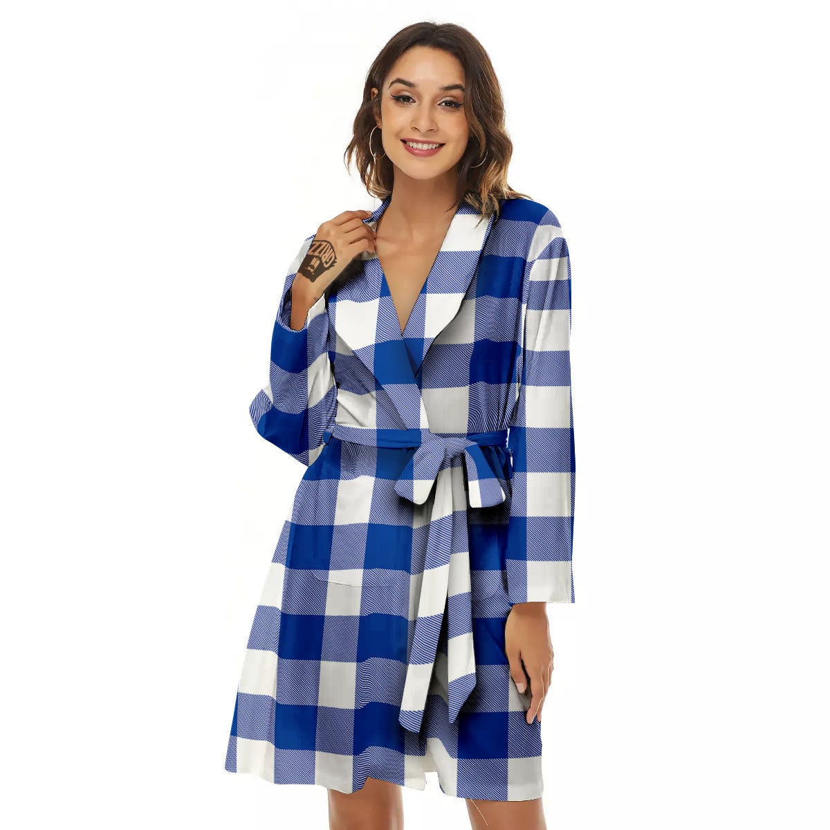 Blue Indigo And White Gingham Print Women's Robe-grizzshop
