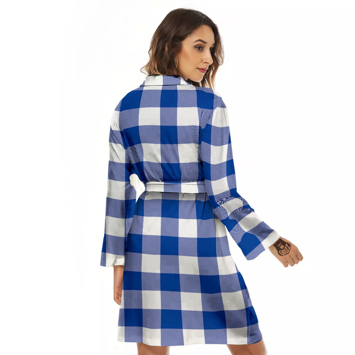 Blue Indigo And White Gingham Print Women's Robe-grizzshop