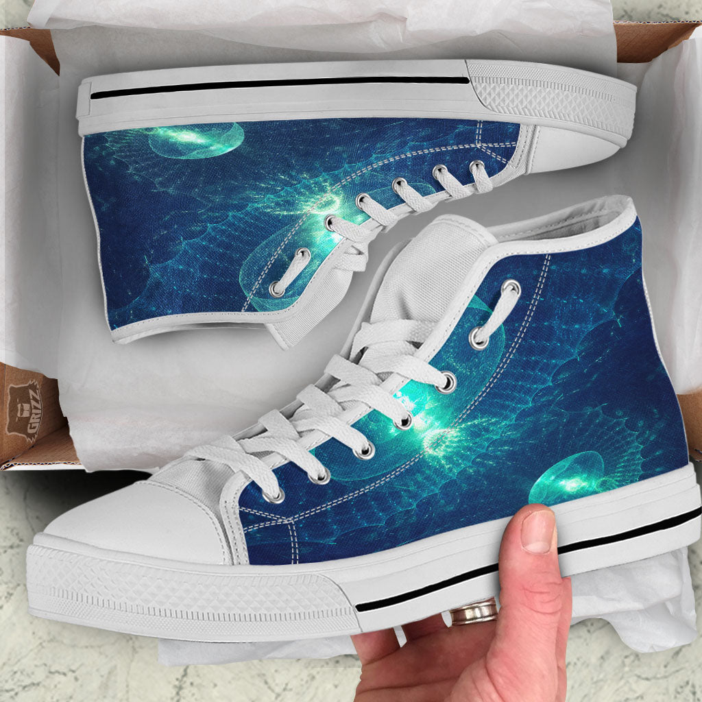 Blue Jellyfish On Deep Sea Print White High Top Shoes-grizzshop