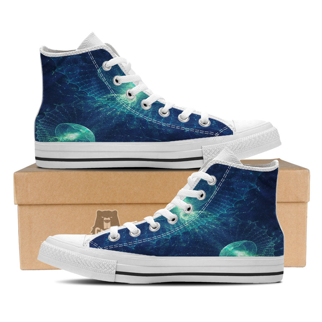 Blue Jellyfish On Deep Sea Print White High Top Shoes-grizzshop