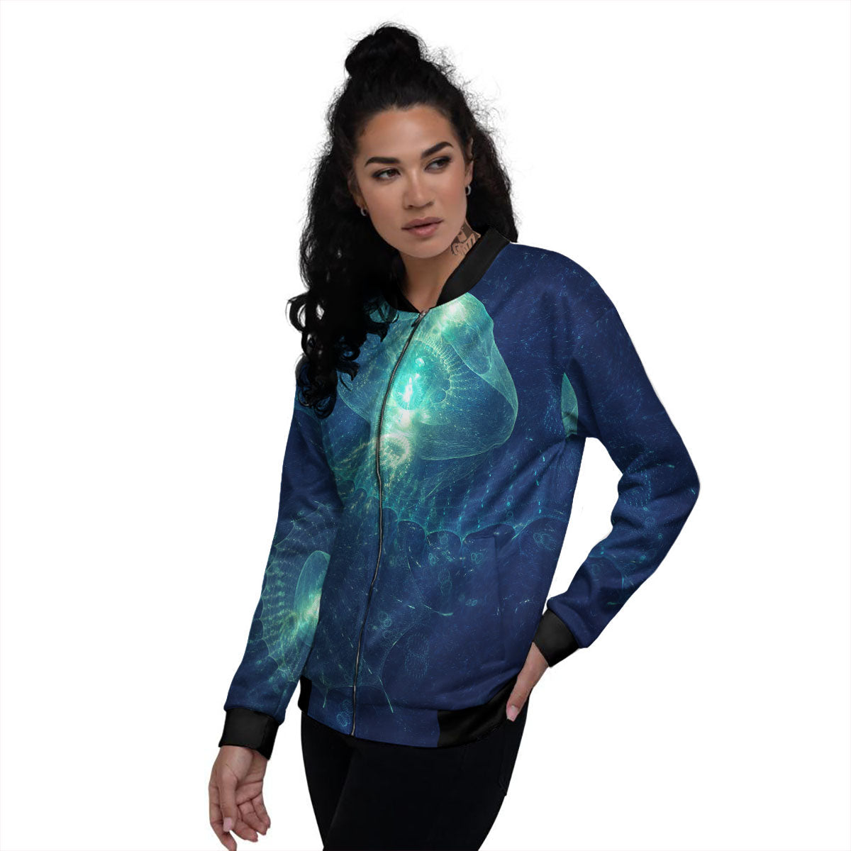 Blue Jellyfish On Deep Sea Print Women's Bomber Jacket-grizzshop