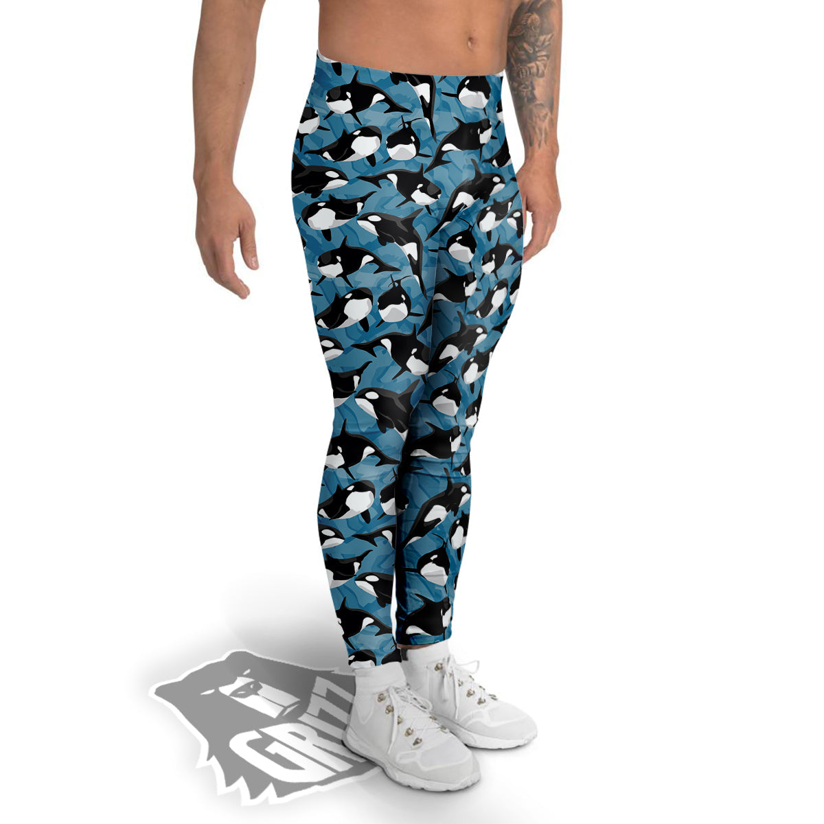 Blue Killer Whale Print Pattern Men's Leggings-grizzshop