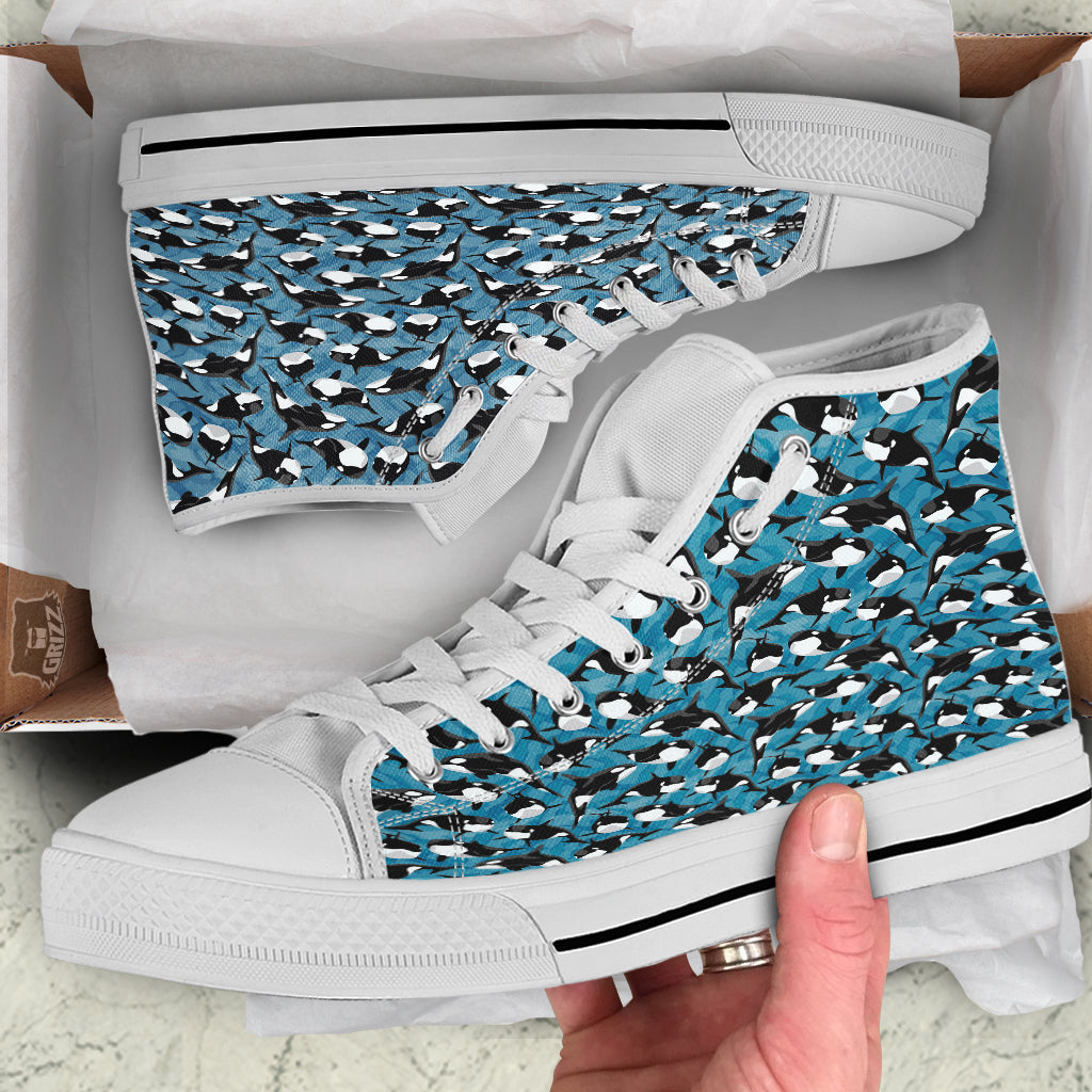 Blue Killer Whale Print Pattern White High Top Shoes-grizzshop