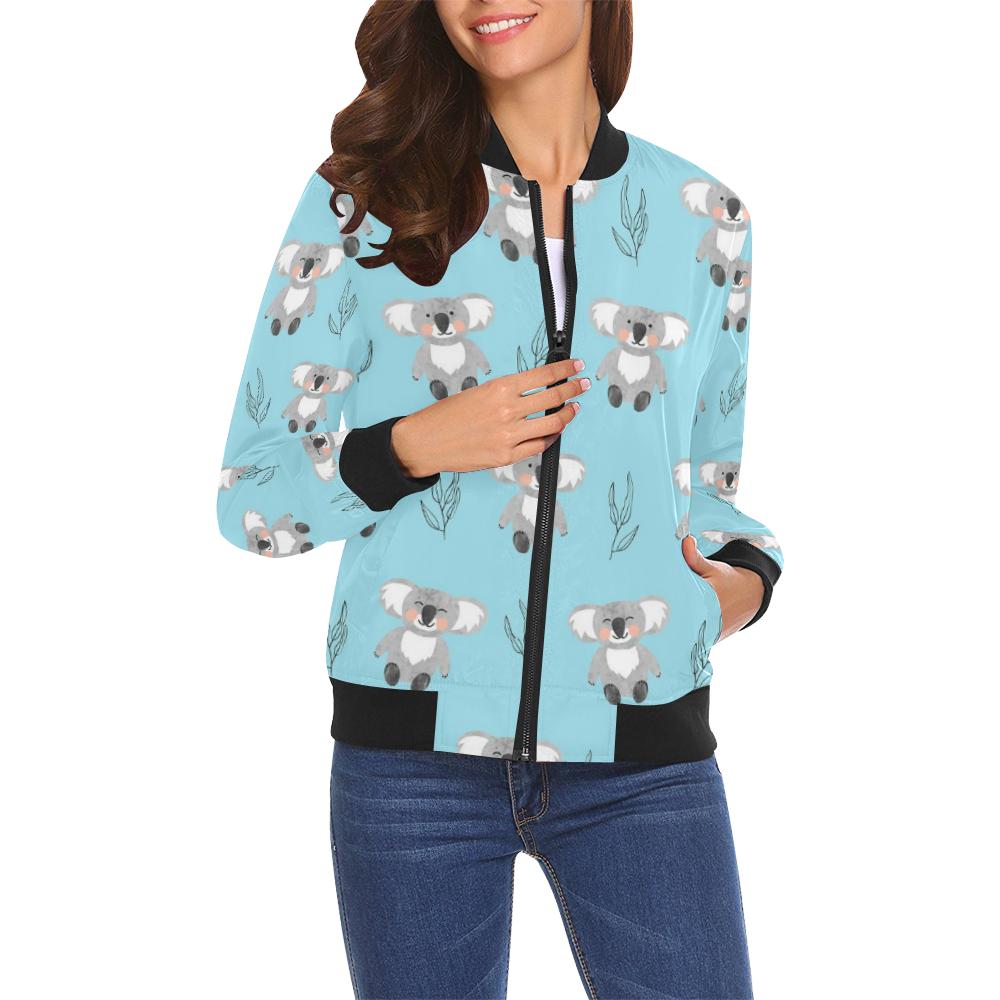 Blue Koala Pattern Print Women Casual Bomber Jacket-grizzshop
