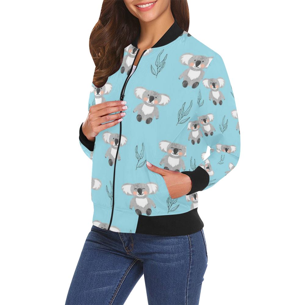 Blue Koala Pattern Print Women Casual Bomber Jacket-grizzshop