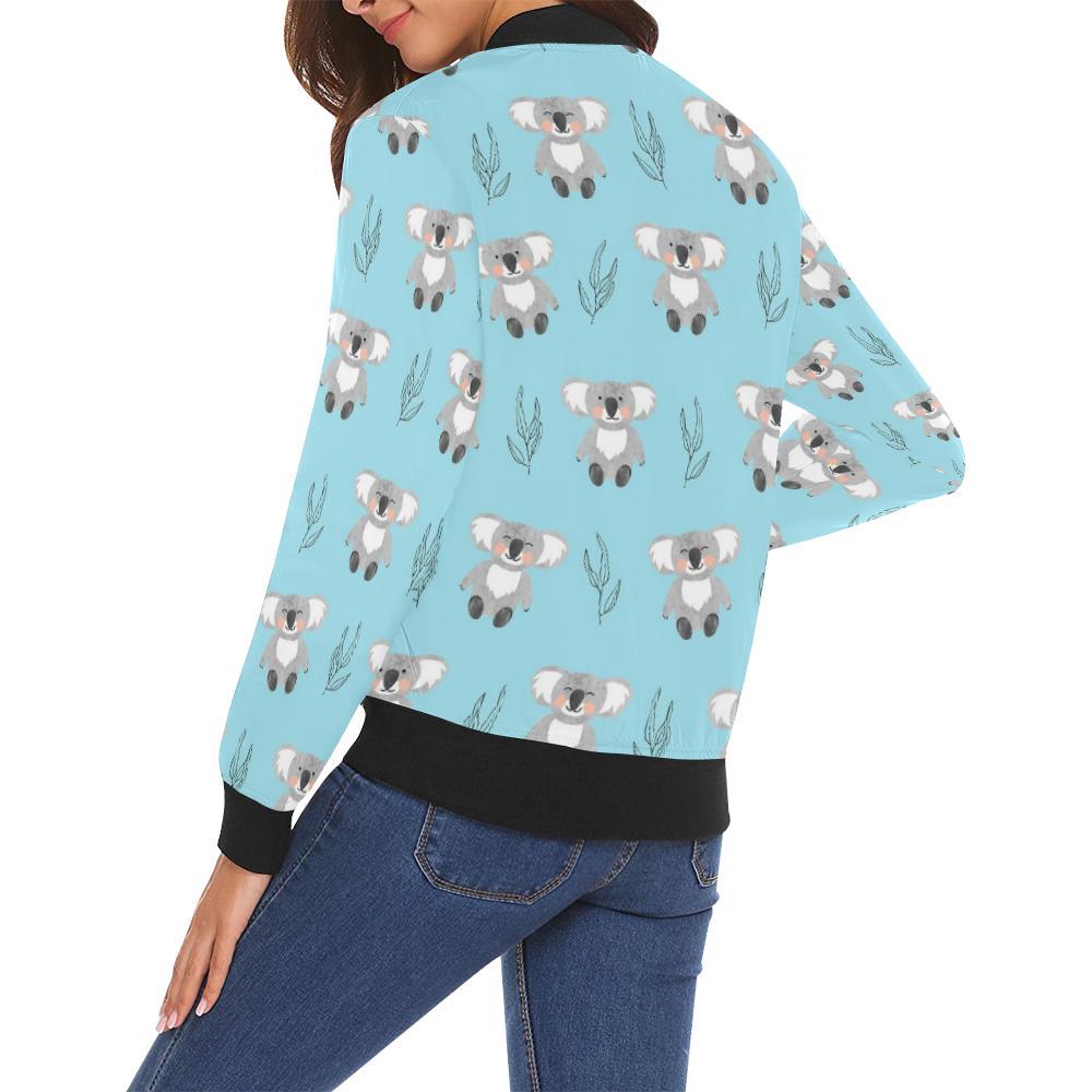 Blue Koala Pattern Print Women Casual Bomber Jacket-grizzshop