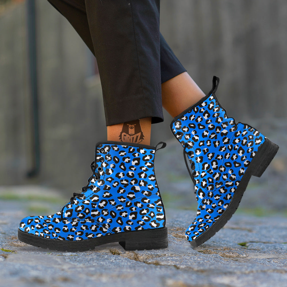 Blue Leopard Print Pattern Leather Boots-grizzshop