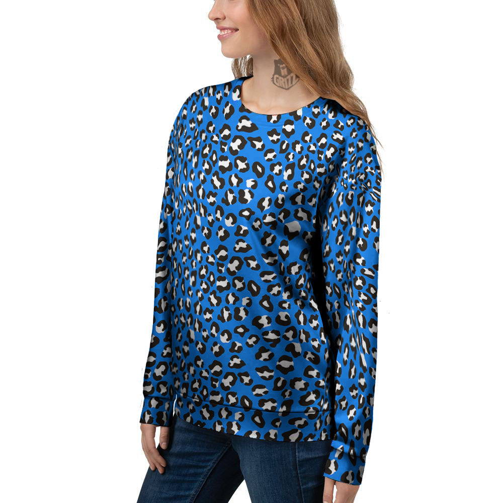 Blue Leopard Print Pattern Women's Sweatshirt-grizzshop