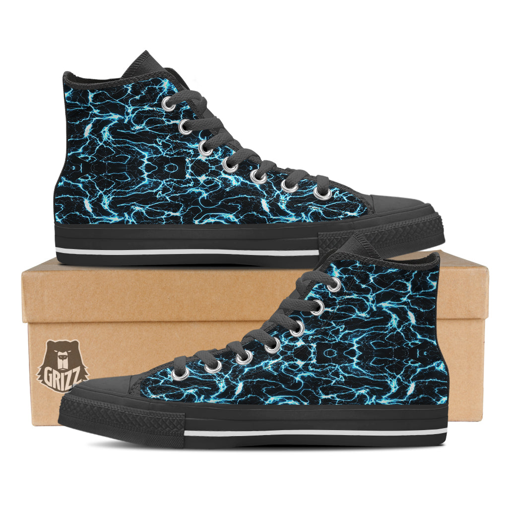Blue Lightning Explosion Print Pattern Black High Top Shoes-grizzshop