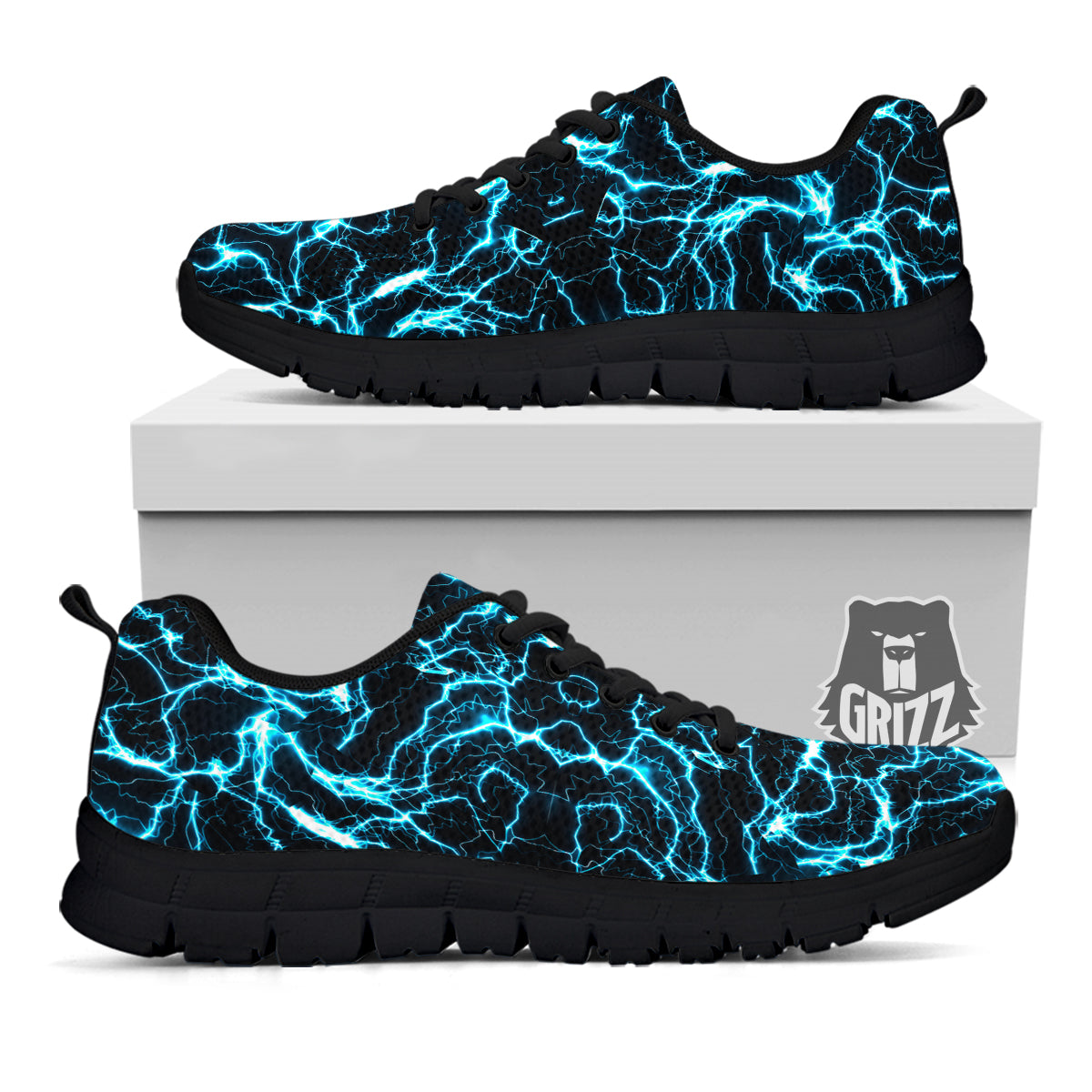 Blue Lightning Explosion Print Pattern Black Sneaker-grizzshop