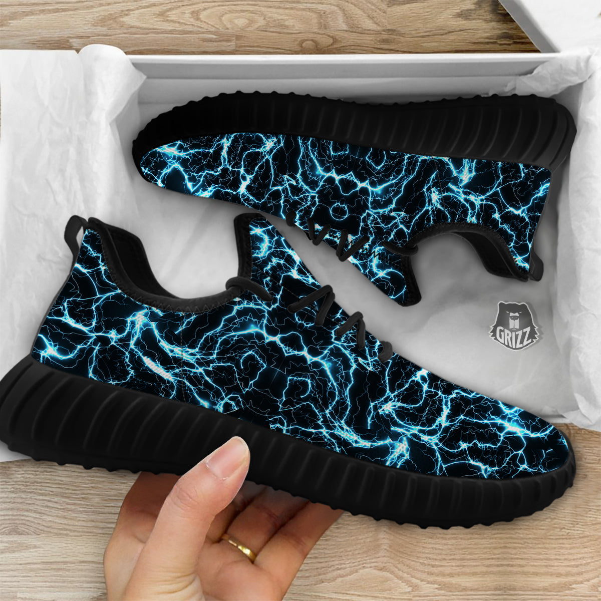 Blue Lightning Explosion Print Pattern Black Walking Shoes-grizzshop