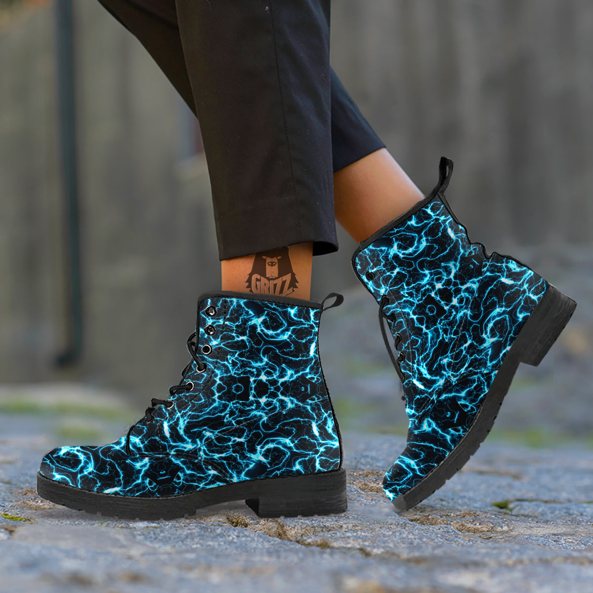 Blue Lightning Explosion Print Pattern Leather Boots-grizzshop