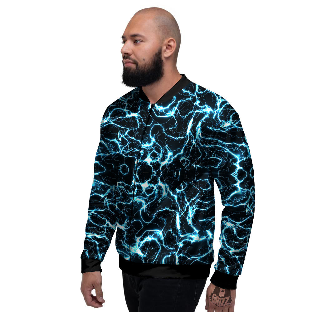 Blue Lightning Explosion Print Pattern Men's Bomber Jacket-grizzshop