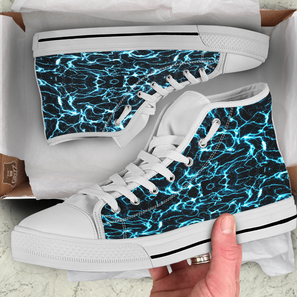 Blue Lightning Explosion Print Pattern White High Top Shoes-grizzshop