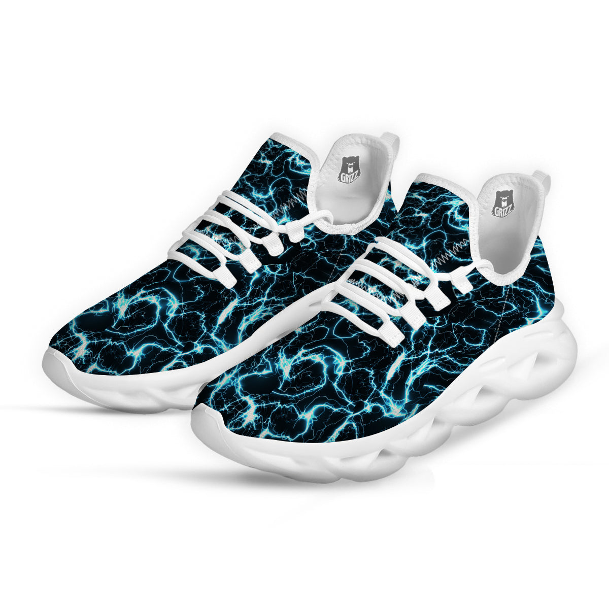Blue Lightning Explosion Print Pattern White Running Shoes-grizzshop
