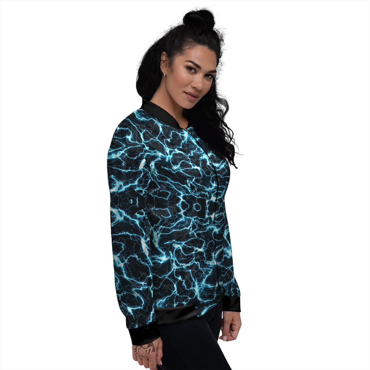 Blue Lightning Explosion Print Pattern Women's Bomber Jacket-grizzshop