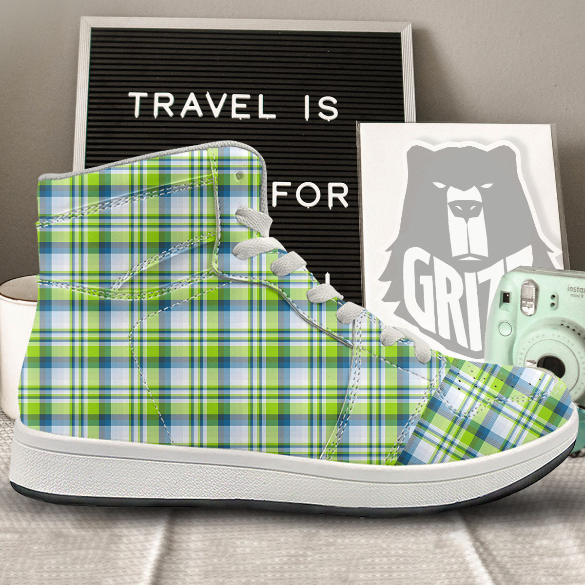 Blue Madras Plaid And Lime Print Pattern High Top Sneakers-grizzshop