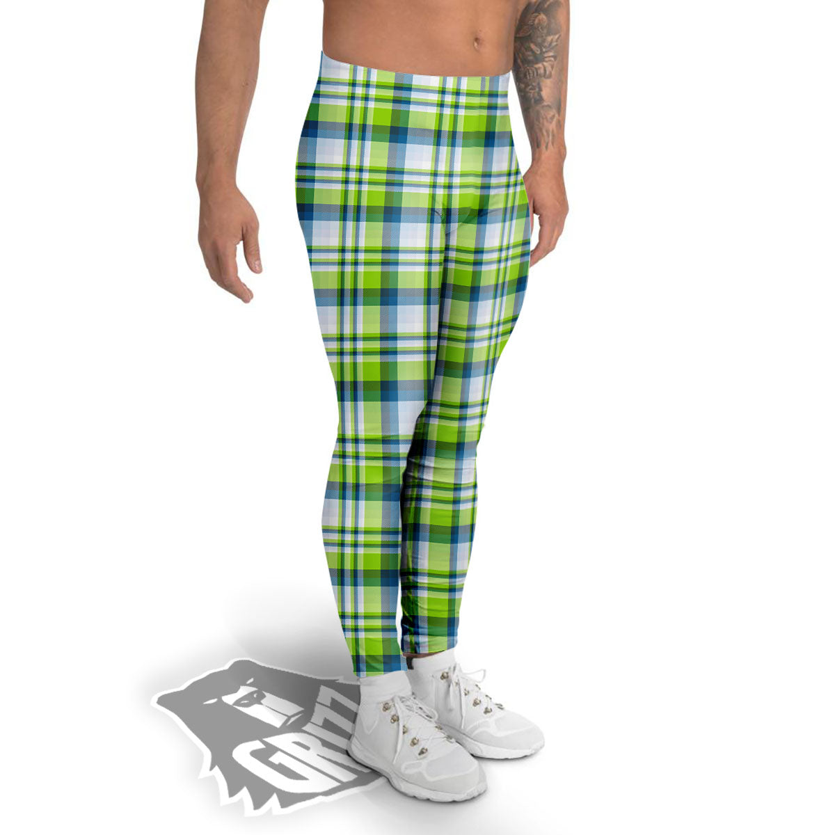 Blue Madras Plaid And Lime Print Pattern Men's Leggings-grizzshop