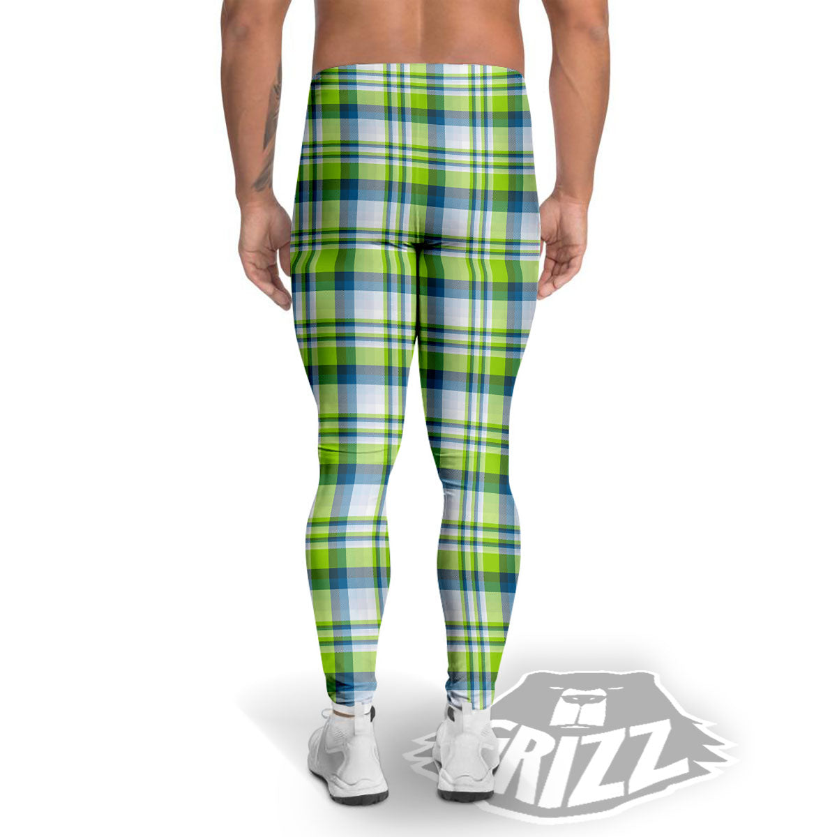 Blue Madras Plaid And Lime Print Pattern Men's Leggings-grizzshop