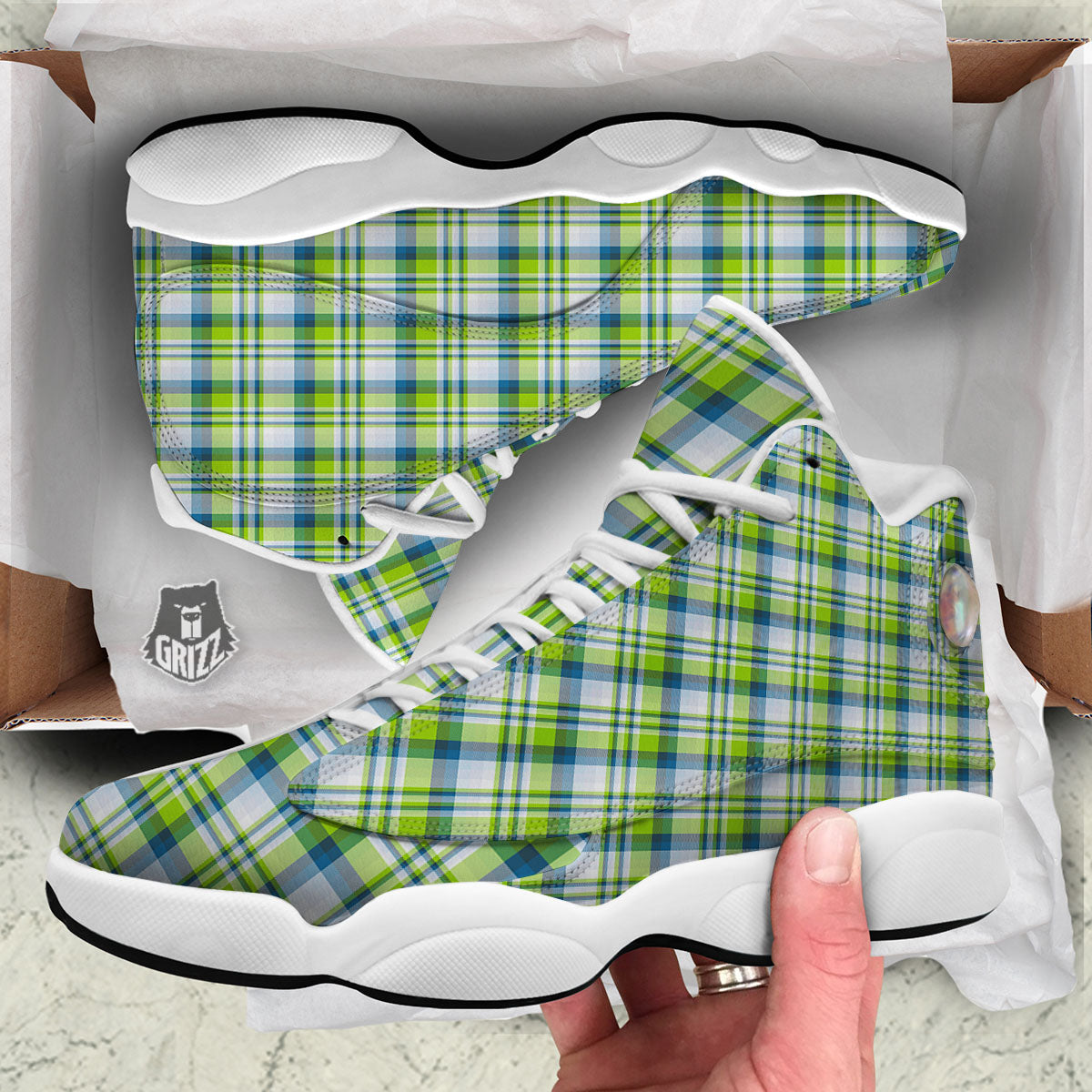 Blue Madras Plaid And Lime Print Pattern White Basketball Shoes-grizzshop
