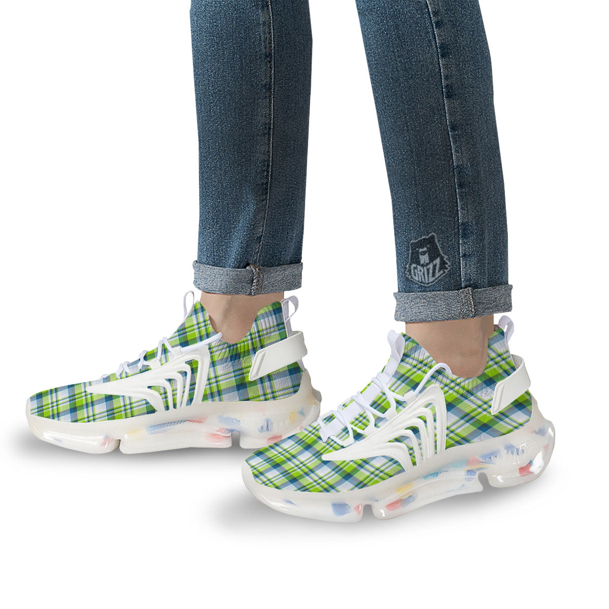 Blue Madras Plaid And Lime Print Pattern White Gym Shoes-grizzshop