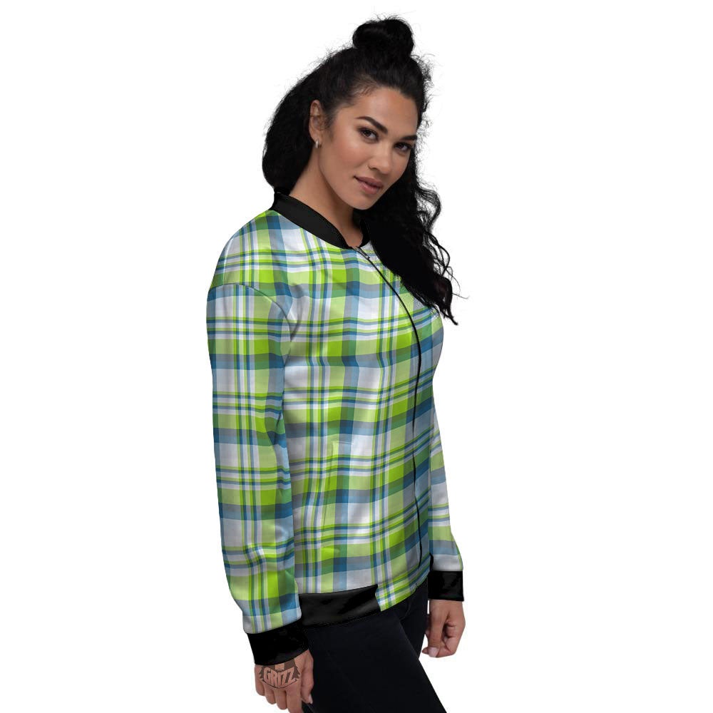 Blue Madras Plaid And Lime Print Pattern Women's Bomber Jacket-grizzshop