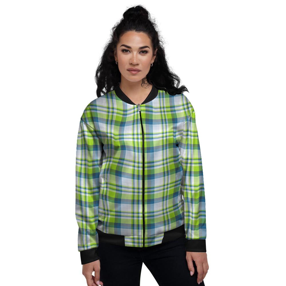 Blue Madras Plaid And Lime Print Pattern Women's Bomber Jacket-grizzshop