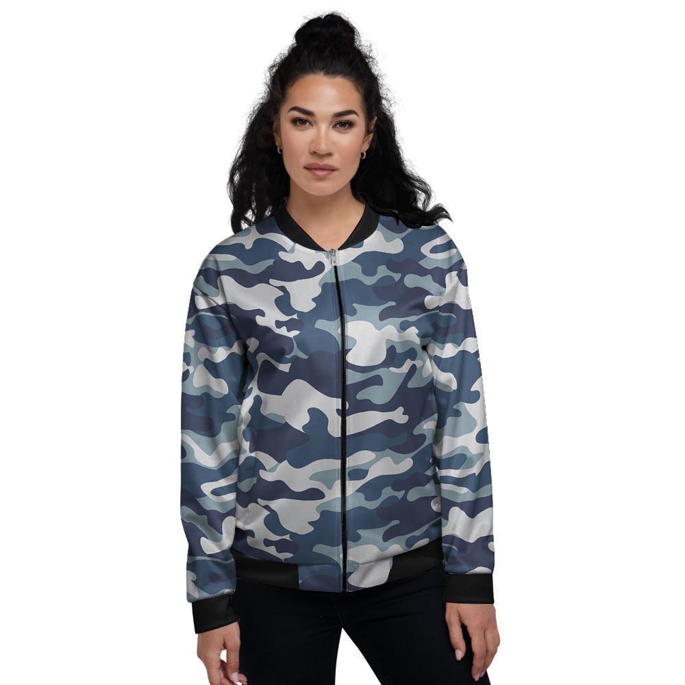 Blue Navy Camo Print Women's Bomber Jacket-grizzshop