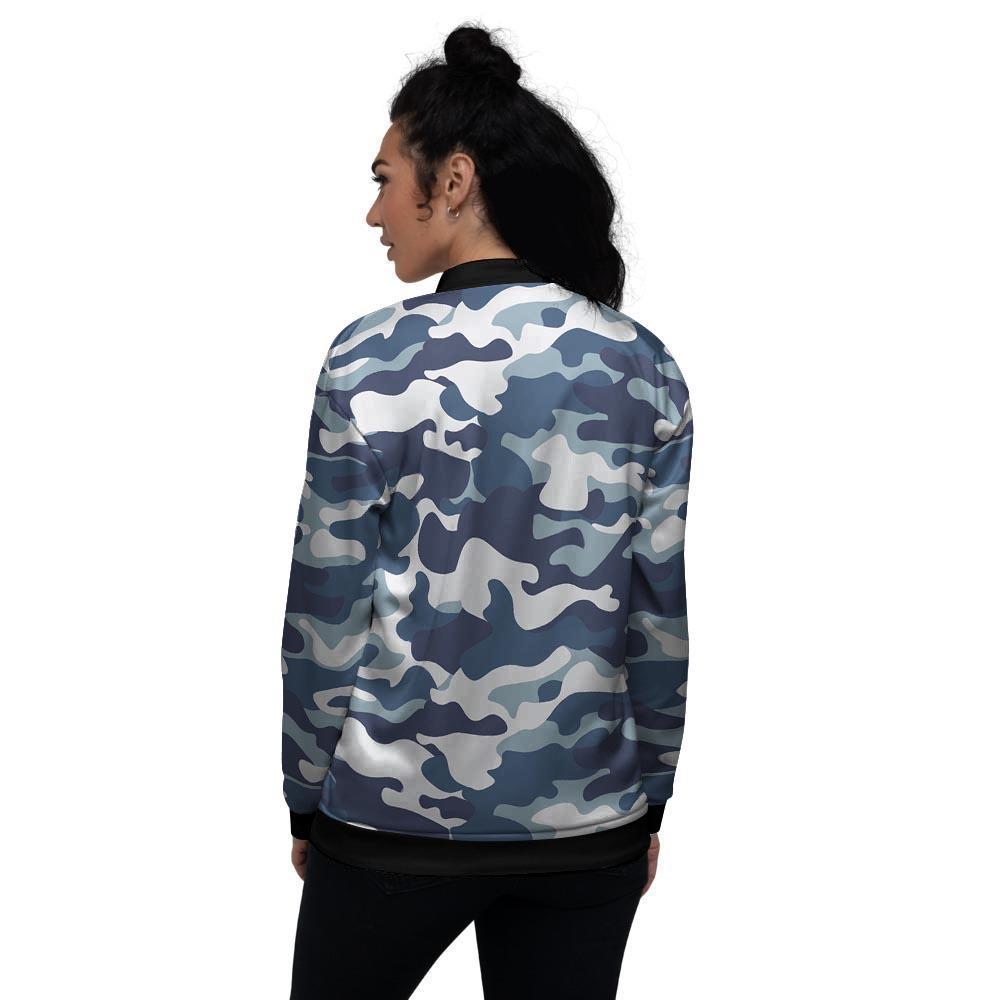 Blue Navy Camo Print Women's Bomber Jacket-grizzshop