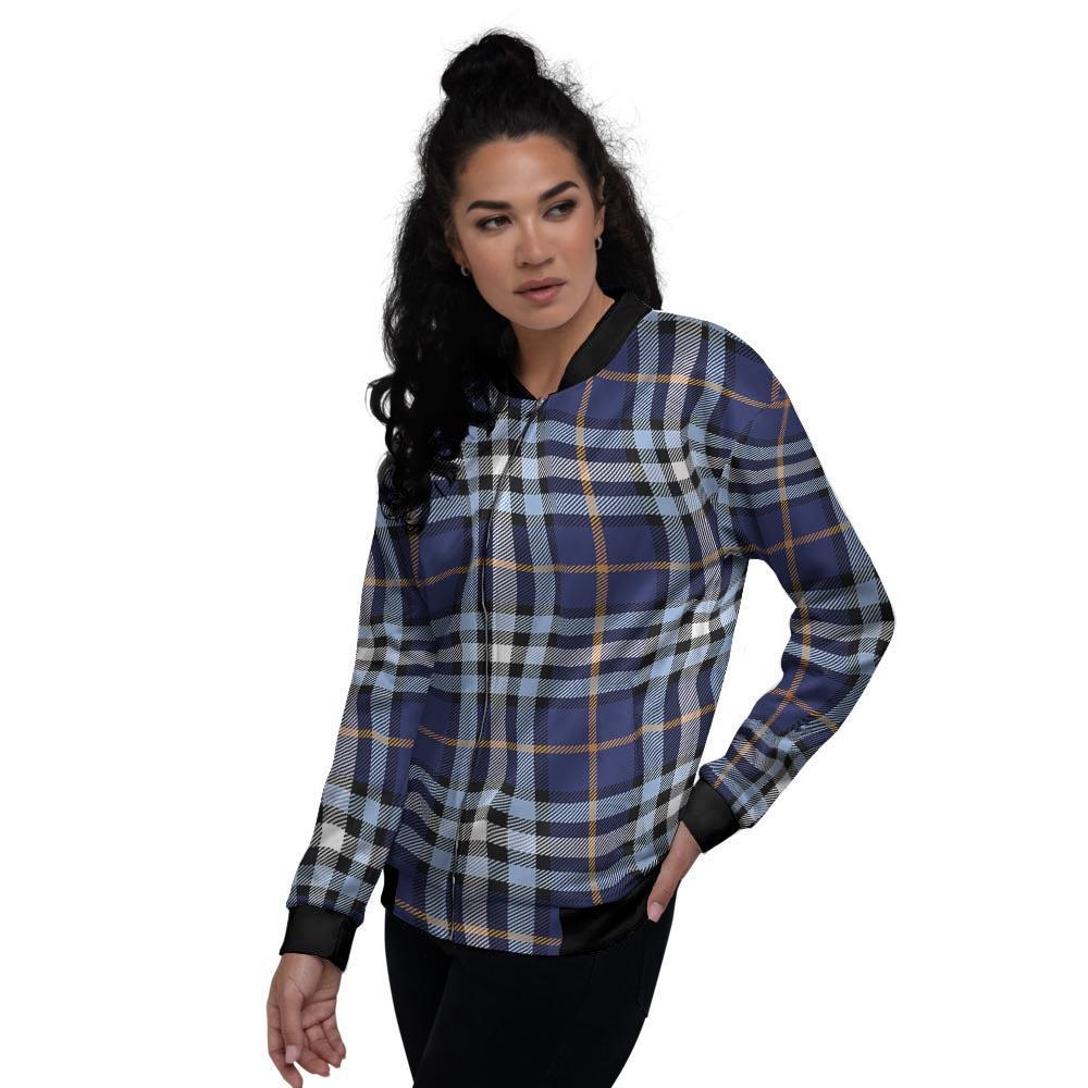 Blue Navy Plaid Tartan Women's Bomber Jacket-grizzshop