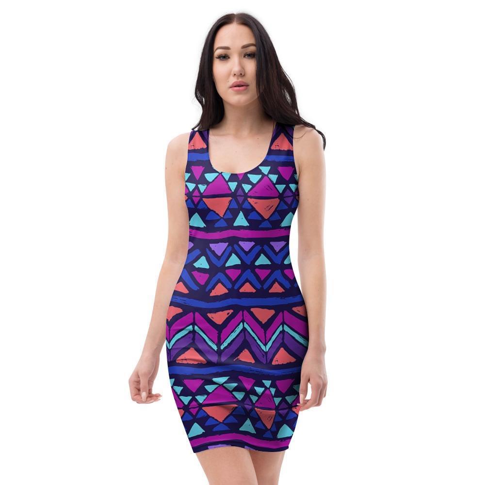 Blue Neon Color Indian Aztec Bodycon Dress-grizzshop
