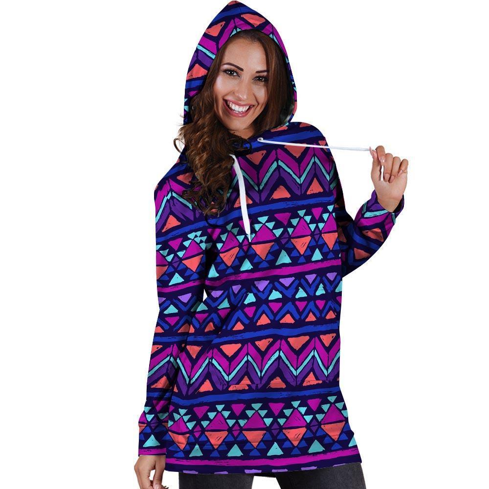 Blue Neon Color Indian Aztec Hoodie Dress-grizzshop