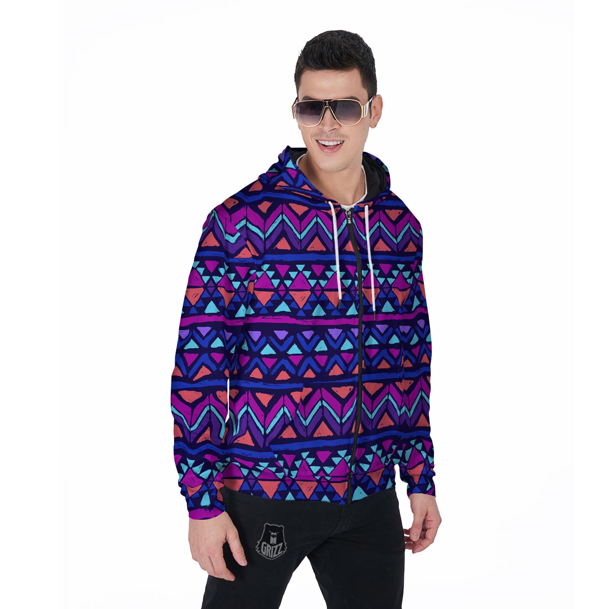 Blue Neon Color Indian Aztec Men's Zip Up Hoodie-grizzshop